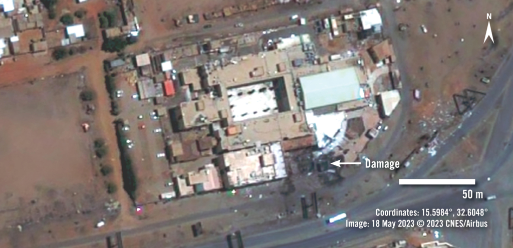 Satellite imagery of Sharq al-Nil hospital, showing damage to the south side of the building.