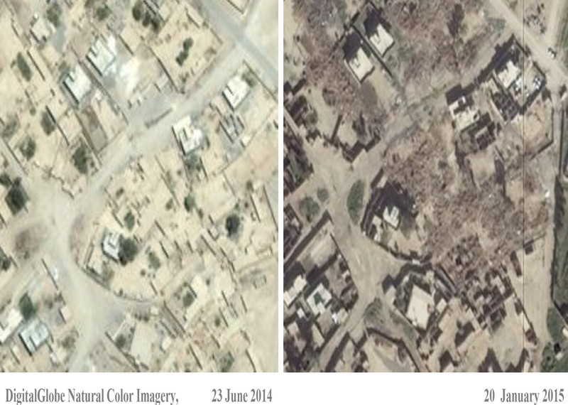 مقارنة صورة الأقمار الصناعية تكشف مدى الدمار في قرية جميلي  العراقية. تاريخ صورة 