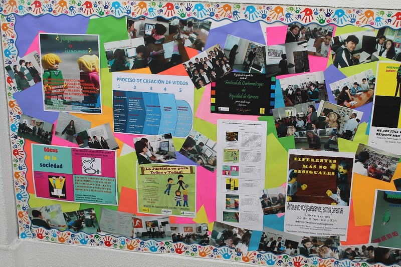 Bulletin boards for the Short Film Festival on Gender Equality, showing the promotional posters each team created for their movie and the pictures of the students during and after the making of the movies. Colegio Alexander Bain primary school, Mexico, 22 May 2014. © Amnesty International Mexico.