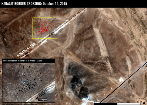 Satellite imagery of probable refugee shelters at the Hadalat border crossing, October 15, 2015 © CNES 2015, Distribution AIRBUS DS ( image corrected August 2016)