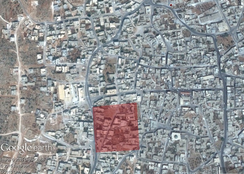 Approximate area of impact (in red) of suspected Russian cruise missile strike in Darat Izza on 7 October 2015 ©Google Earth / Digital Globe