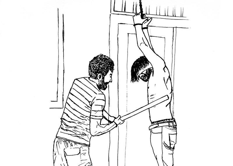Illustration of shabeh torture position © Amnesty International / Mohamad Hamdoun