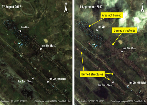 Before and after imagery shows how Rohingya areas of Inn Din were destroyed while nearby areas of other ethnicities were left unscathed. Planetscope Images © 2017 Planet Labs, Inc.