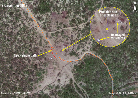 Satellite imagery from 9 December 2017 shows debris from the destruction of most and possibly all of the structures in Illimey. A diversion in the road along with apparent debris, suggests the explosion site is along the old road. The furthest structure visibly destroyed was situated 60 metres from the probable explosion site. On 6 December 2017 an explosion occurred in the hamlet of Illimey, killing five civilians, including two children, and injuring two civilians, including an 18-month-old girl. Based on the evidence presented in our March 2019 report, Amnesty International believes that the explosion was most plausibly caused by a US air strike.