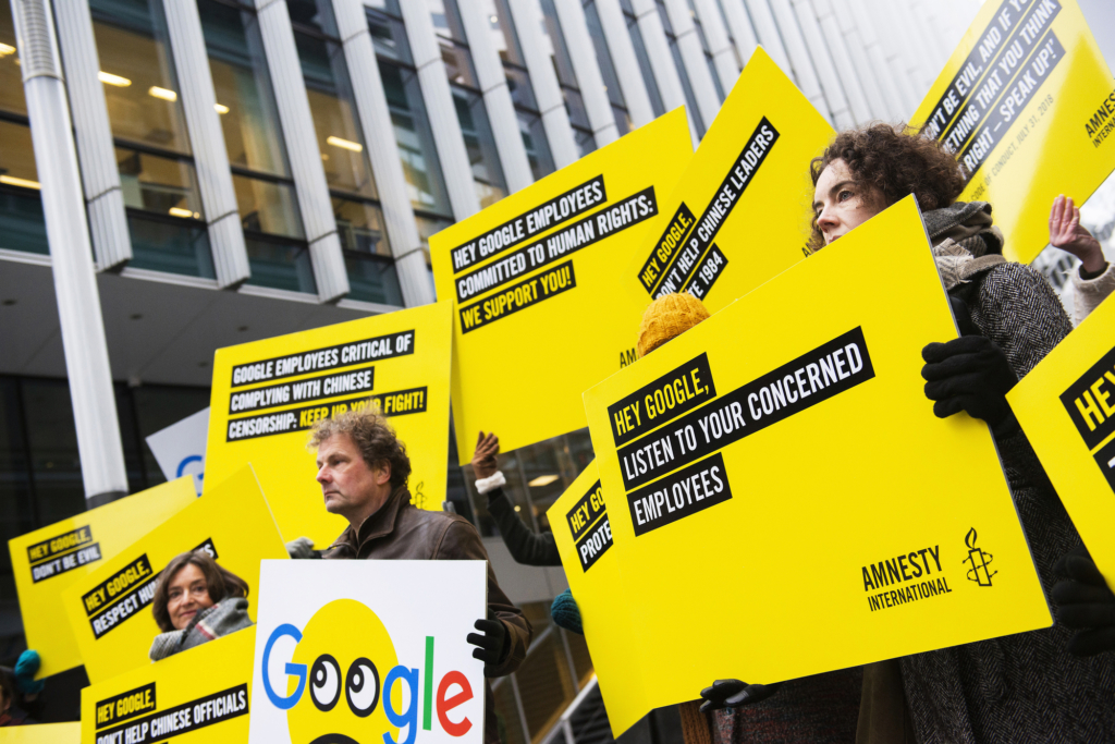 Human rights activists call on Google to drop its “Dragonfly” project. Credit: Amnesty International.