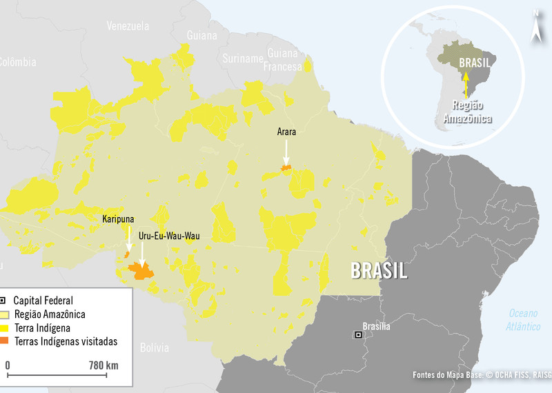 Map of Brazilian Amazon region, including three Indigenous territories Amnesty International visited in March 2019 to research the impact of illegal land seizures and logging. 	Basemap data sources: © OCHA FISS, RAISG
