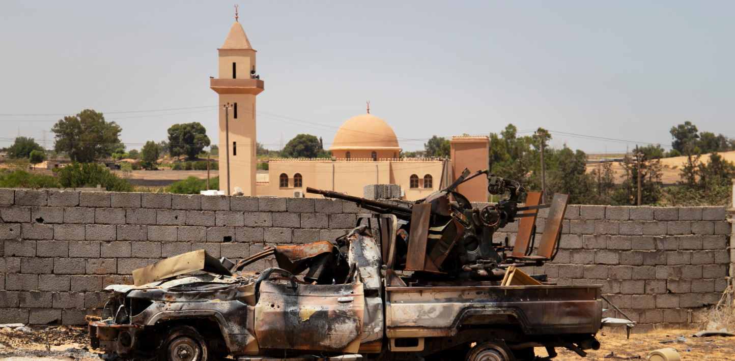 A machine gun mounted on a militia pick up truck destroyed by an LNA strike on a militia base adjacent to a field hospital.