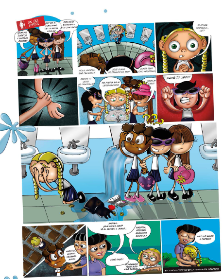 The comic strip shows how bullying can occur in every aspect of school life, in the school bathroom, on the way to school or on the sports fields, Caracas, Venezuela, May 2015 © Amnesty International Venezuela