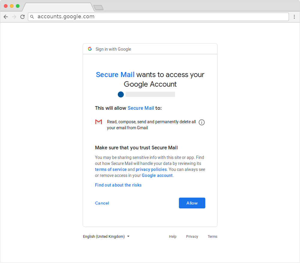Screenshot of the confirmation to authorize the malicious app to the victim's Google account