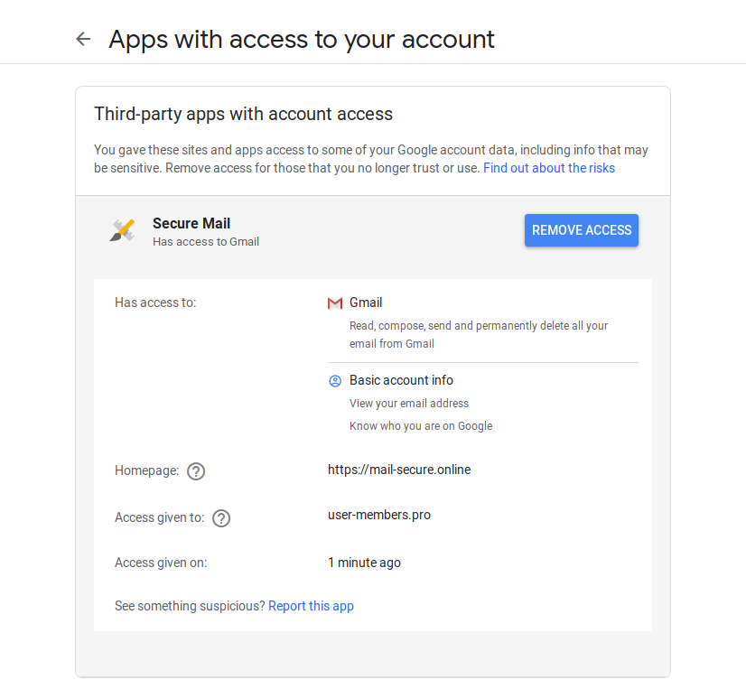 Screenshot of the malicious third-party applications used by the attackers as it appears in the Google account settings page