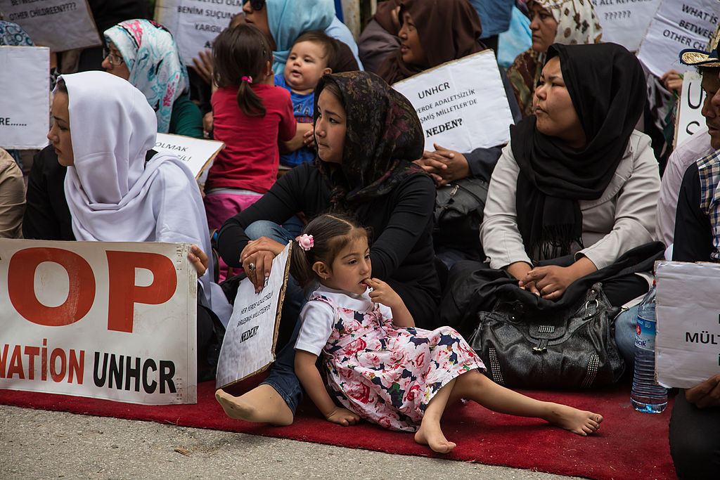 Afghan families protest outside the offices of UNHCR in Turkey (Photo by Piero Castellano/Pacific Press/LightRocket via Getty Images)