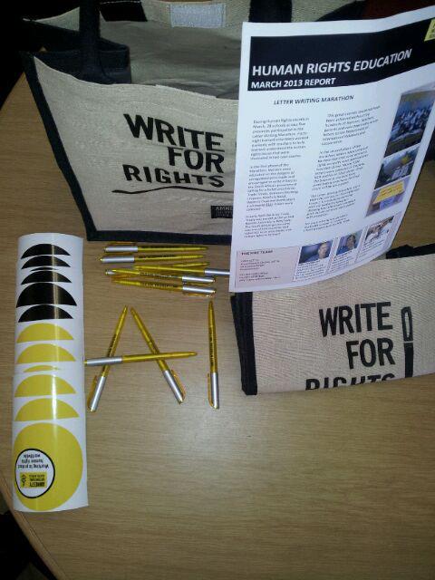 Write for Rights, Letter Writing Marathon- School pack with pens, stickers, and schools report for schools involved in the Letter Writing Marathon. ©Amnesty International