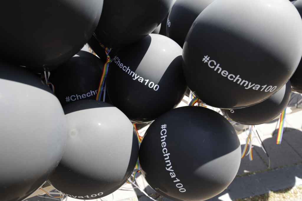 Activists in the Netherlands released 100 black balloons outside the Russian Embassy, each with a rainbow coloured ribbon attached and #Chechnya100 spelled out in white letters. More than 100 men are believed to have been rounded up in the crackdown.