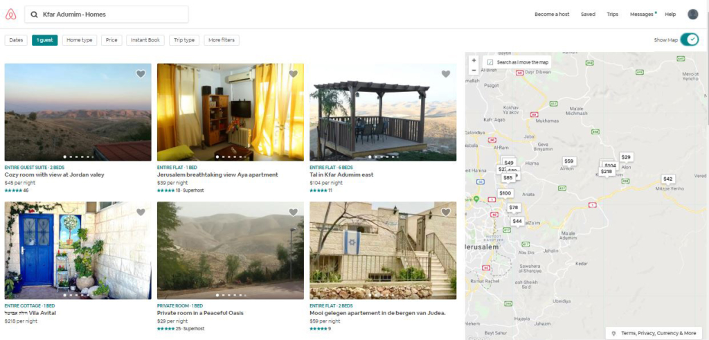 Screenshot of properties in the Israeli settlement of Kfar Adumim, available on Airbnb website, January 2019.