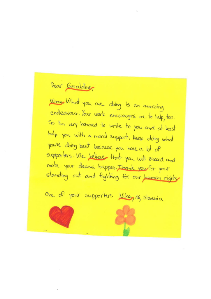 hand-written message of solidarity written as part of the Write for Rights campaign by a student in Slovenia
