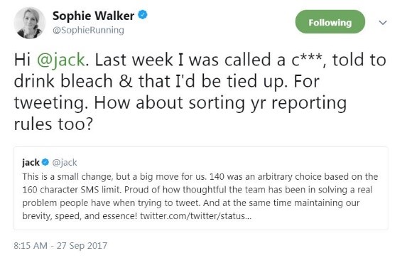 Tweet sent by Sophie Walker to Jack Dorsey, current Twitter CEO.