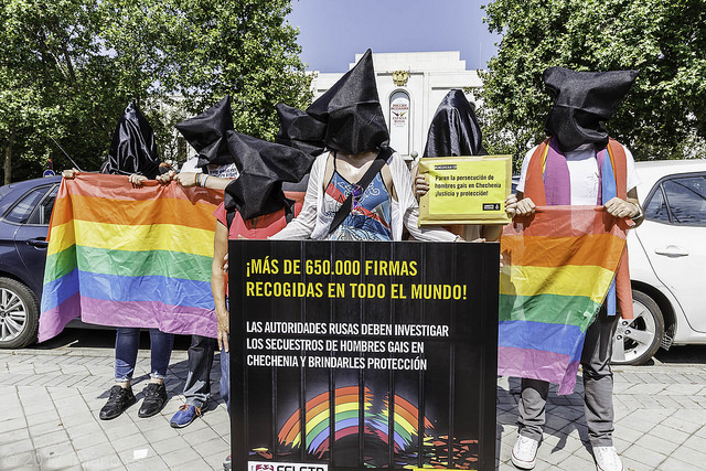 Activists in Spain gathered outside the Russian Embassy wearing black hoods, to remind the Russian authorities of the horrific experiences of gay men in Chechnya, who have been tortured and beaten as part of the purge.