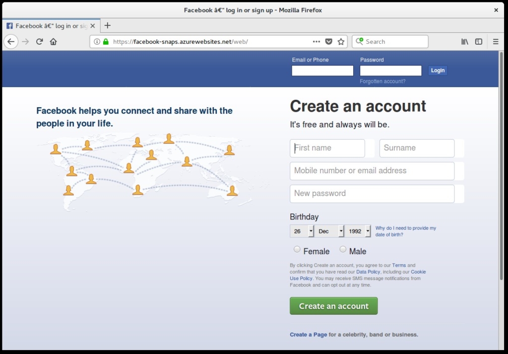 Example of a phishing site imitating Facebook.