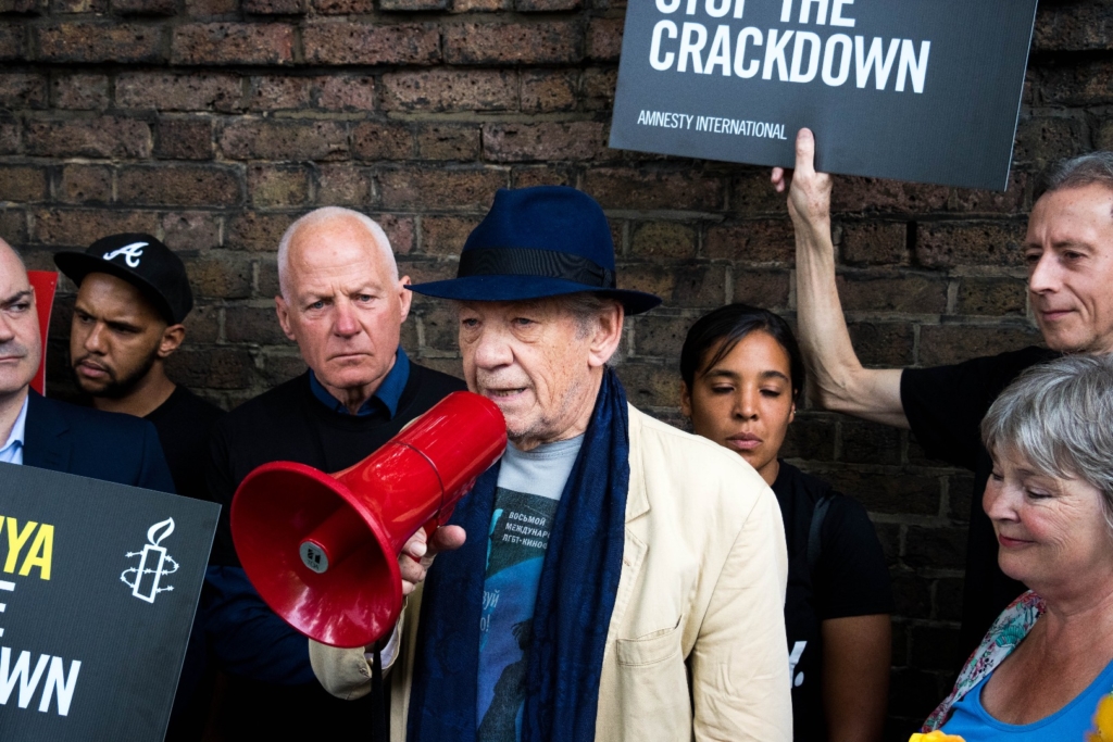 Sir Ian McKellen joined a protest in London, led by Amnesty UK and Stonewall UK