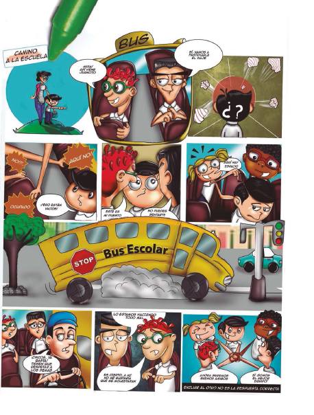 ‘On the bus ride to school, things are about to get bad…’ Pupils at the Santiago de León de Caracas College and Luisa Goiticoa College published the first comic strip magazine to share their experiences of bullying, Caracas, Venezuela, May 2015 © Amnesty International Venezuela