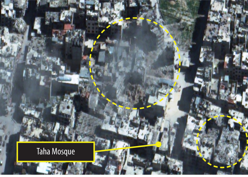 Satellite imagery from March 2015 clearly shows many structures have been severely damaged in the Taha mosque area of Douma © Digital Globe