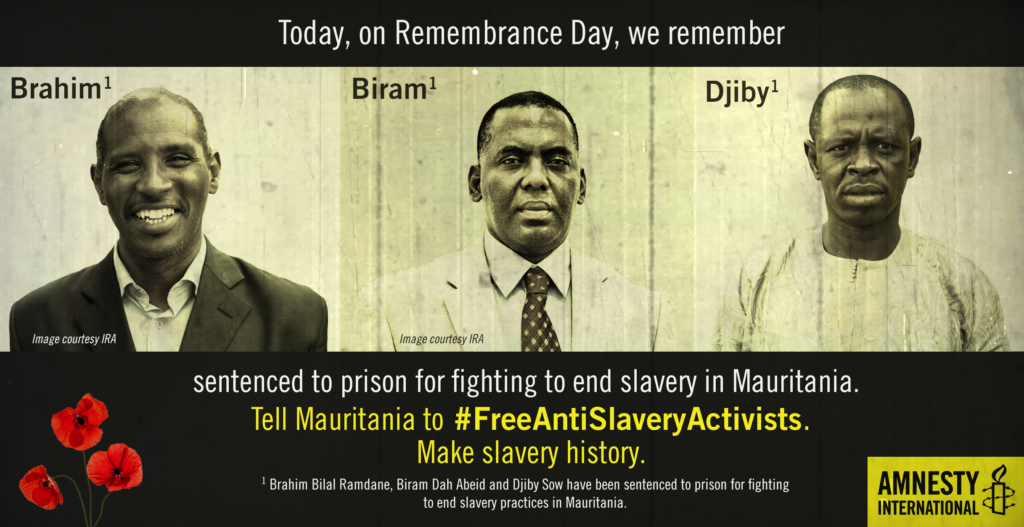 Anti-slavery activists Brahim Bilal Ramdane, Biram Dah Abeid and Djiby Sow have been sentenced to prison for fighting to end slavery practices in Mauritania.