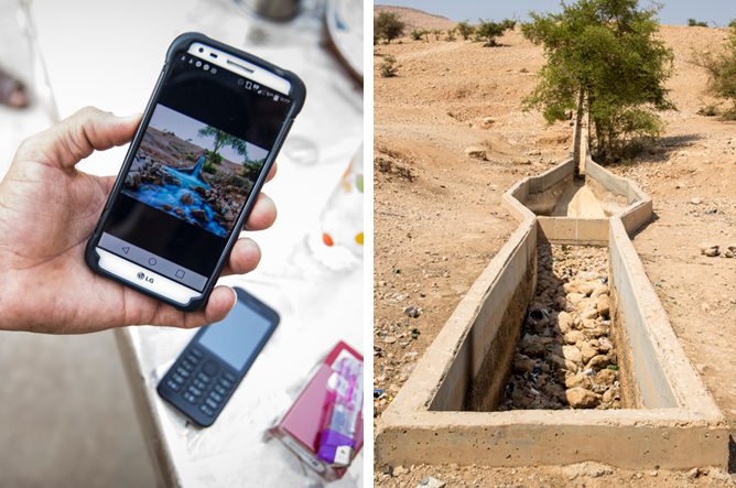 The irrigation channels now lie empty. A villager shows Amnesty International’s researcher a photo of the spring before it dried up. He explains how, in the early 1990s, there was year-round water supporting a prosperous farming community, one of the highest fruit producing areas in the Jordan Valley. © Amnesty International