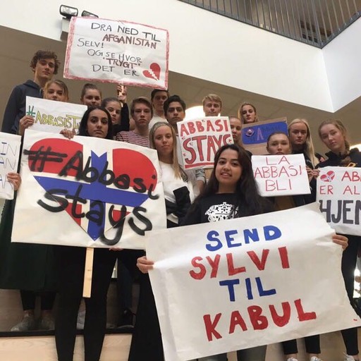 “Send Sylvi to Kabul” reads one of the signs created by these Norwegian high school students, referring to Norway’s Immigration and Integration Minister, Sylvi Listhaug, who is threatening to deport their classmate Taibeh Abbasi (bottom right). © Private