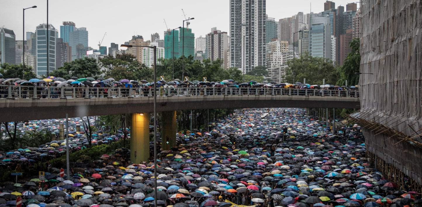 Hundreds of thousands of people in Hong Kong protest peacefully against a proposed extradition bill on 18 August 2019.