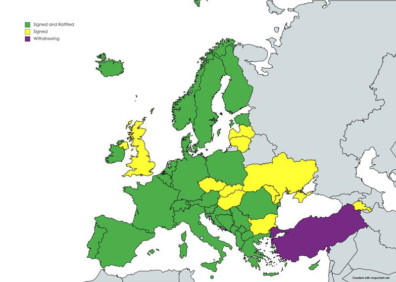 Map showing States which have signed or ratified the Istanbul Convention to prevent and combat violence against women and domestic violence.