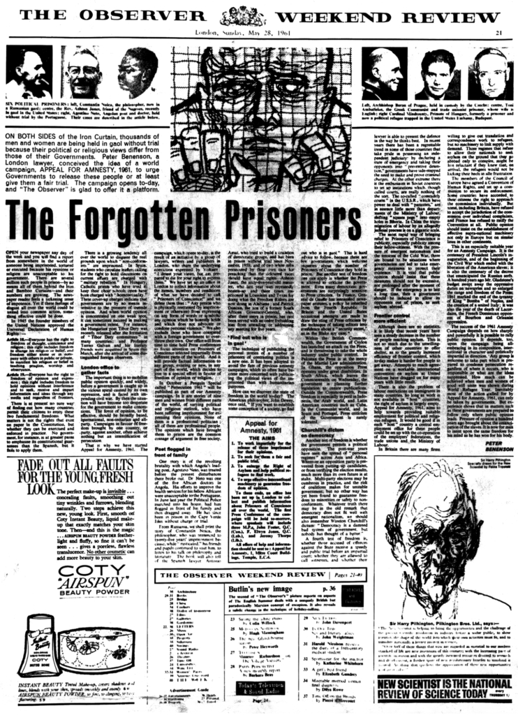 British lawyer Peter Benenson launches a worldwide campaign ‘Appeal for Amnesty 1961’ and it's reprinted in newspapers across the world. Credit: Guardian News and Media Limited.