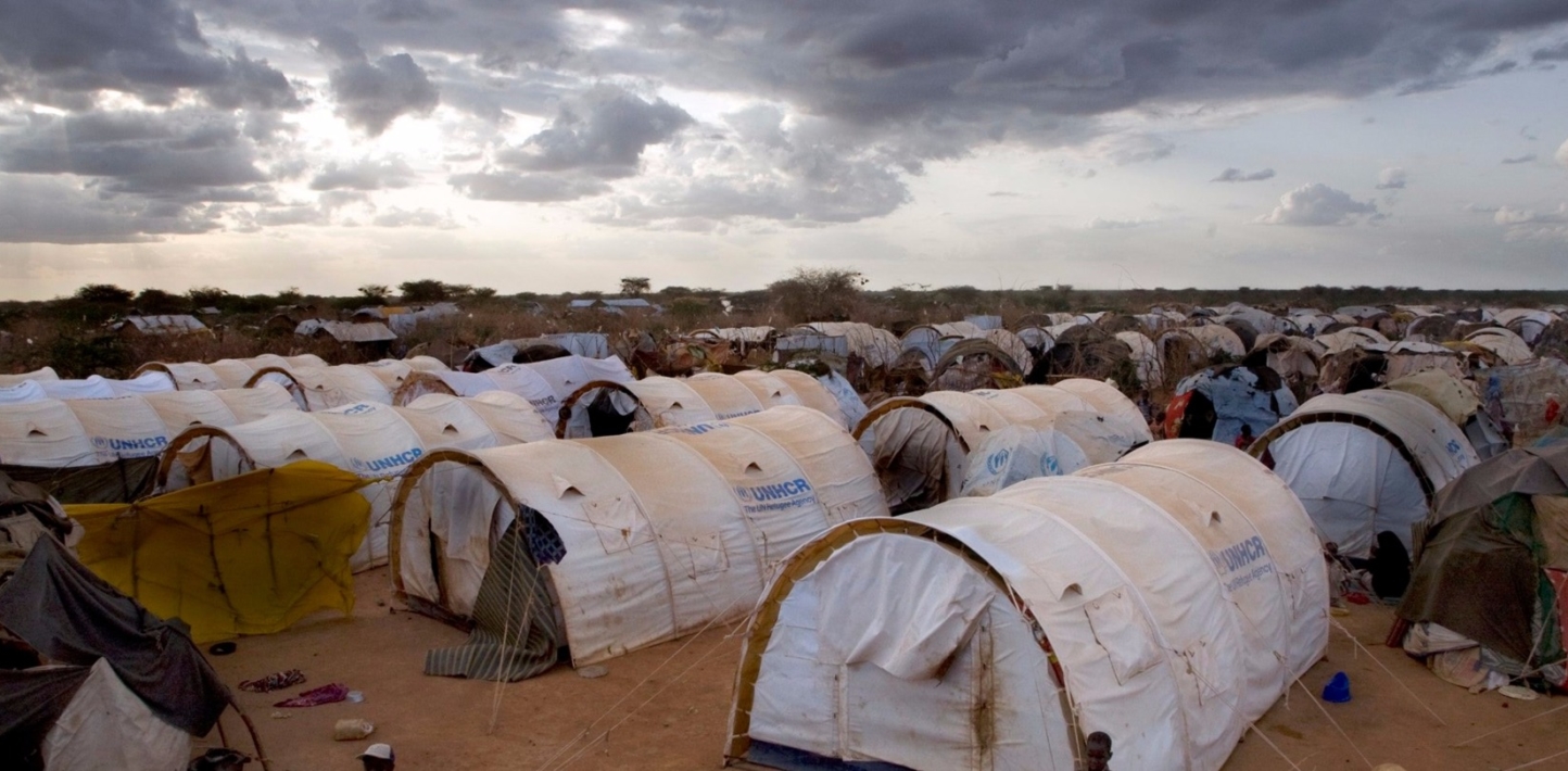 Section of Ifo camp in Dadaab, Northern Kenya. Tents in this area are close together and used as permanent shelter as there is no land for refugees to build houses.