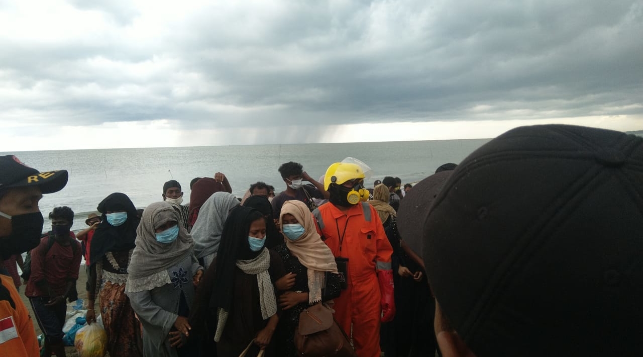 A group of Rohingya women, children and men disembarked in Aceh today after a long ordeal at sea.