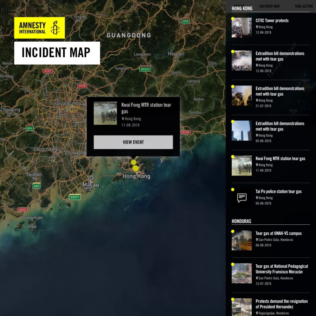 The site includes analysis and verified content from around 80 incidents of police misuse of tear gas in 22 countries and territories. © Amnesty International