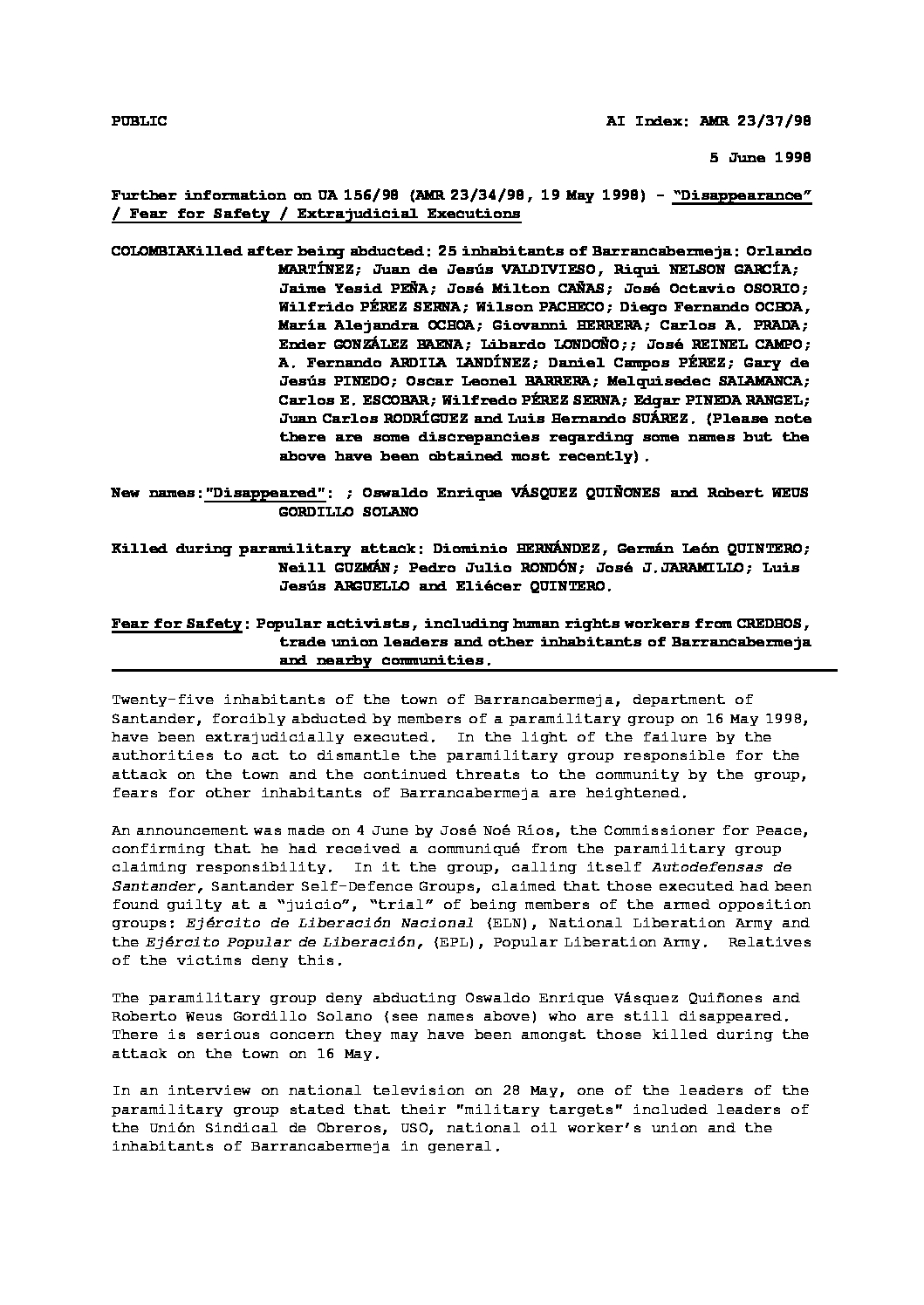 Colombia: Further information on disappearances / Fear for safety /  Extrajudicial executions - Amnesty International