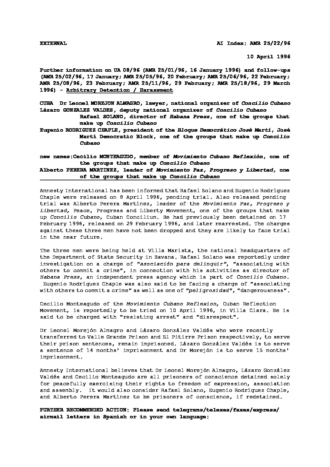 Cuba: further information on: arbitrary detention / harassment - Amnesty  International