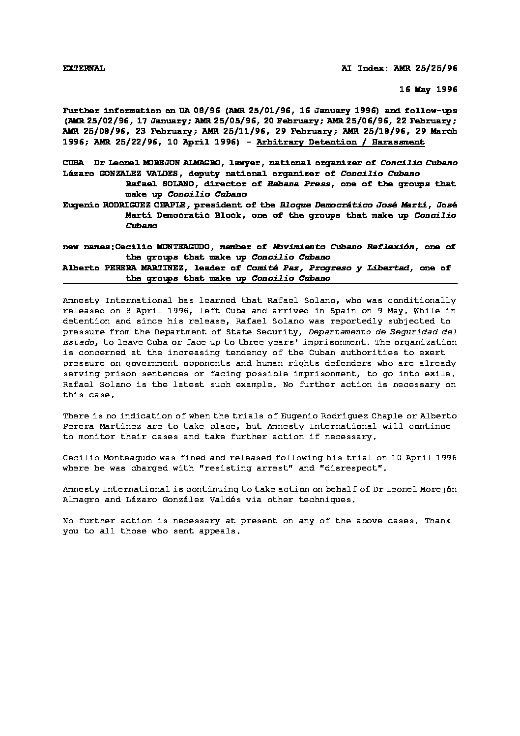 Cuba: further information on: arbitrary detention / harassment - Amnesty  International