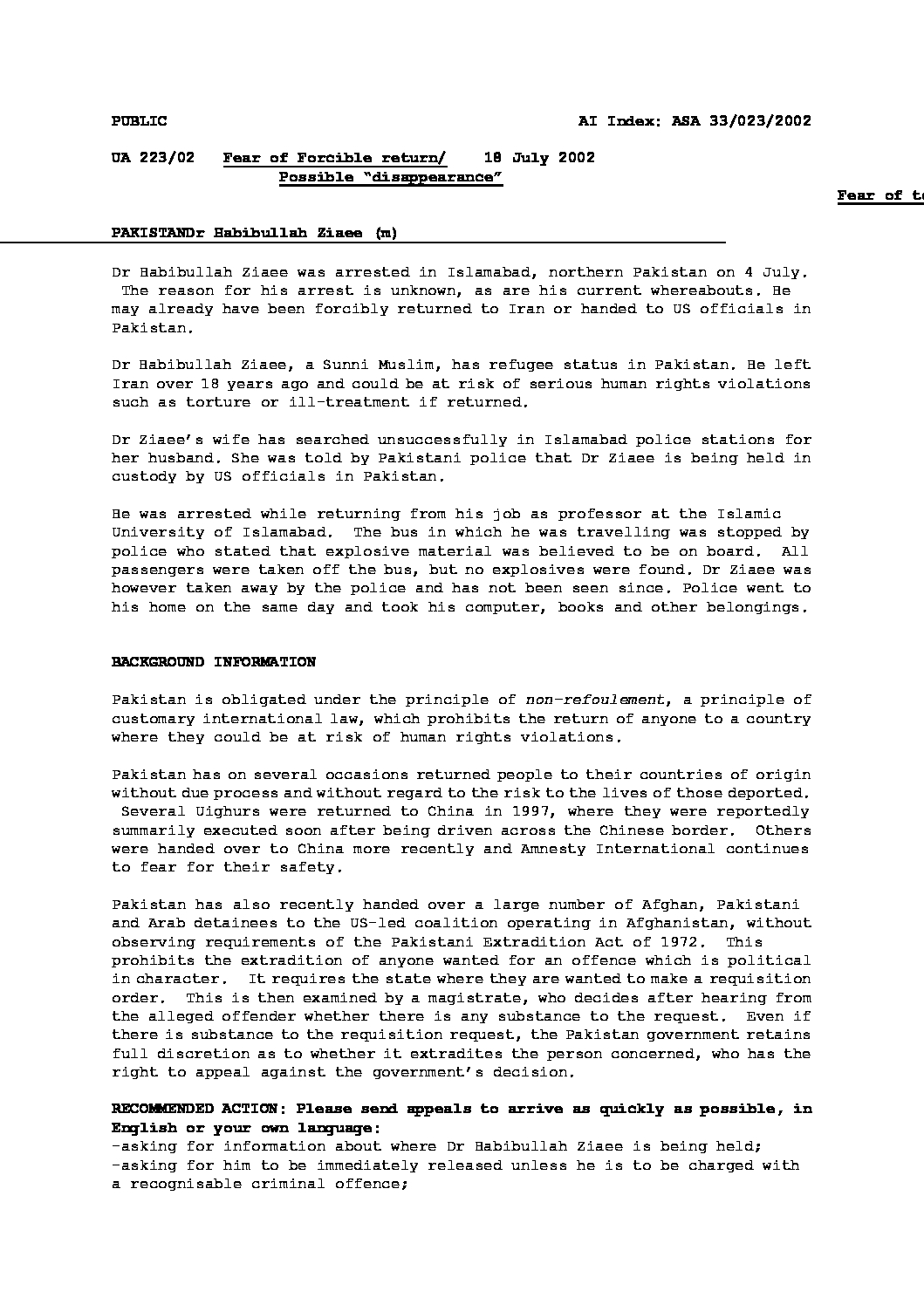 Pakistan: Fear of Forcible return/Possible 