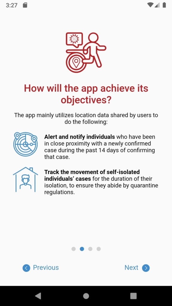 A screenshot of BeAware Bahrain contact tracing app.