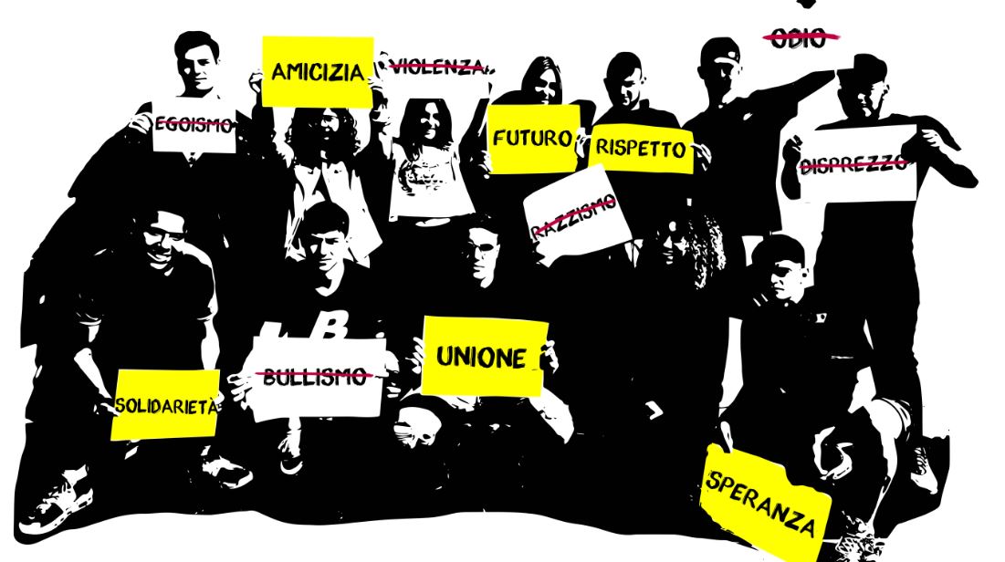 An illustration of a group of people holding white and yellow signs in Italian about fighting hate speech online