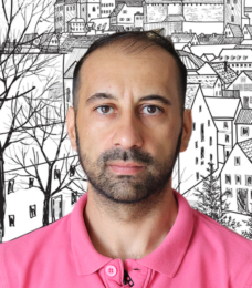 A photo portrait of Dezső Máté, a Roma LGBTQ activist and researcher on marginalized minorities, looking forward at the camera. There is an illustrated background, in black and white, of a city street behind him.
