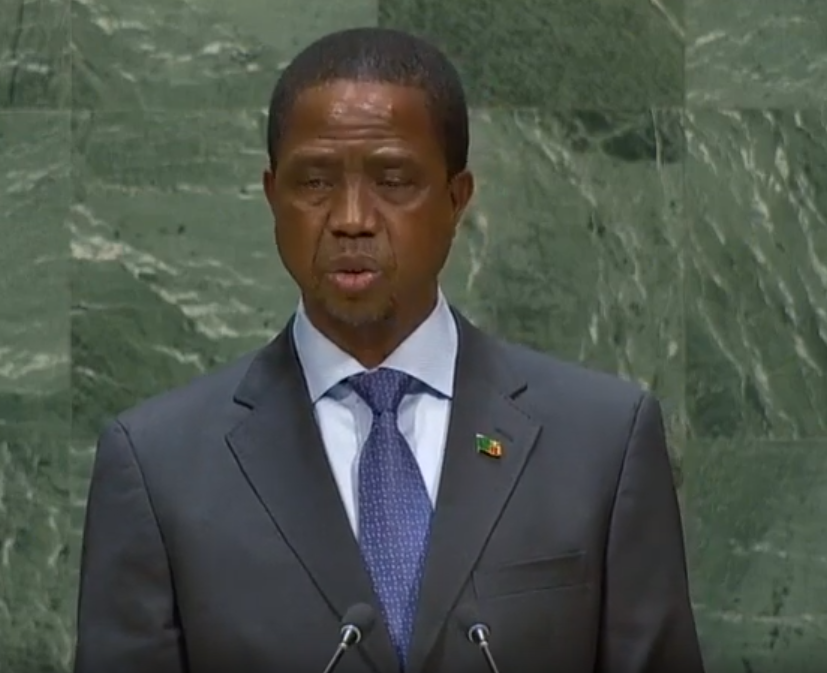 Zambian president Edgar Lungu addressing the United Nations General Assembly