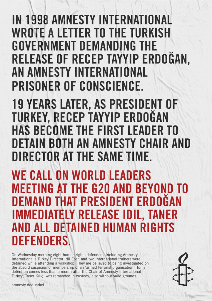 Full-page advert in the Saturday 8 July edition of Frankfurter Allgemeine Zeitung reminding G20 leaders that Amnesty International had adopted President Erdoğan as prisoner of conscience in 1998, when he was then Mayor of Istanbul.