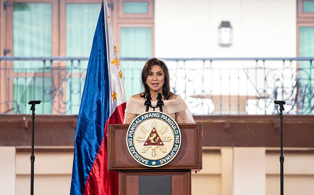 Philippine Vice President Leni Robredo gives a speech during her Inauguration ceremonies at the Quezon City Recepotion House in Manila on June 30, 2016.