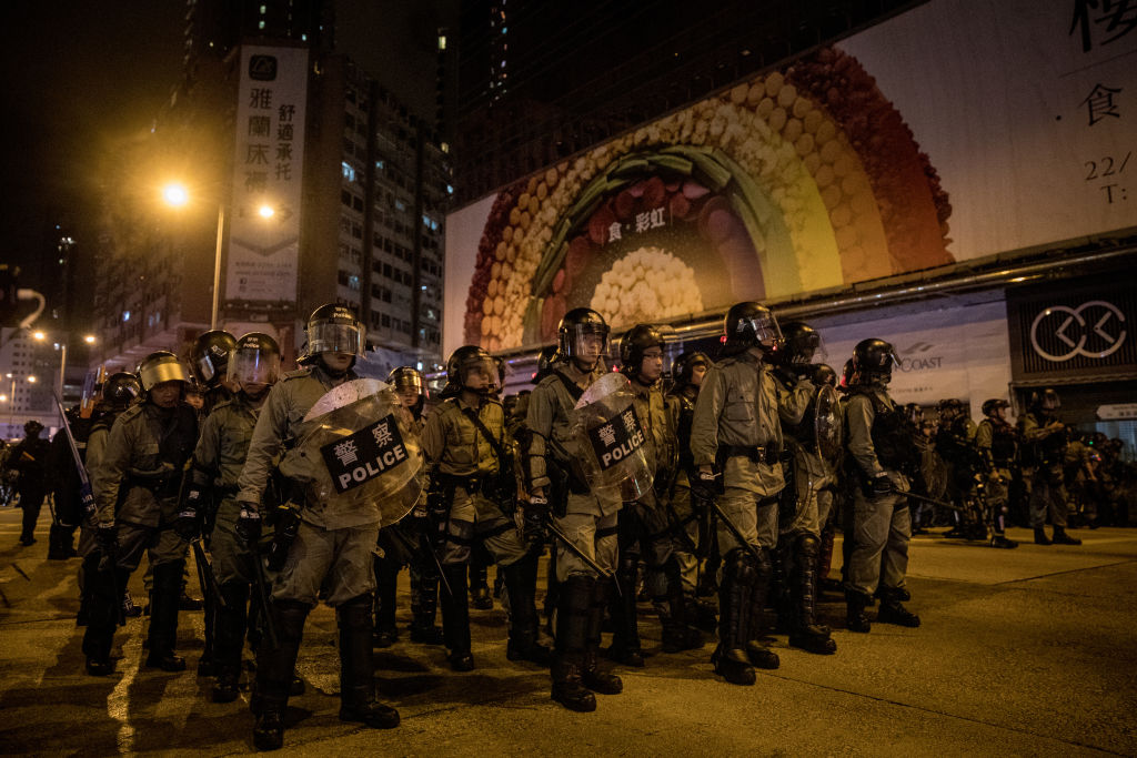 Riot police in Hong Kong during protests in Mong Kok on 31 August 2019