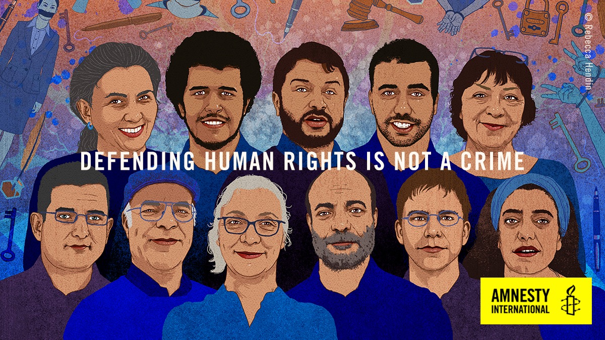A drawing of the Istanbul 11 with the text, defending human rights is not a crime.