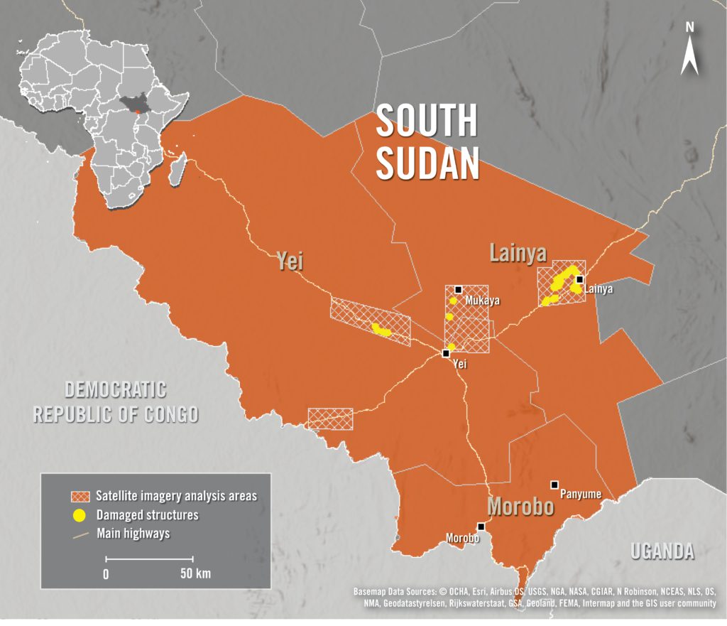 Yei, Lainya and Morobo counties in southwest South Sudan, where testimonies were collected. Four areas were analysed with satellite imagery from January and June 2020 for corroboration of reported damage to structures. Over 110 structures were razed - likely by fire - over that timeframe.

© OCHA, Esri, Airbus DS, USGS, NGA, NASA, CGIAR, N Robinson, NCEAS, NLS, OS, NMA, Geodatastyrelsen, Rijkswaterstaat, GSA, Geoland, FEMA, Intermap and the GIS user community