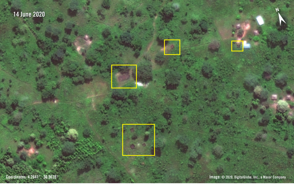 The yellow squares highlight areas where structures were razed - likely by burning - approximately four km northwest of Lainya in South Sudan. Imagery confirms the event happened between January 19 and June 14 2020. Over 90 structures were found to have been razed between those dates in the area analysed over Lainya.

© 2020, DigitalGlobe, Inc., a Maxar Company