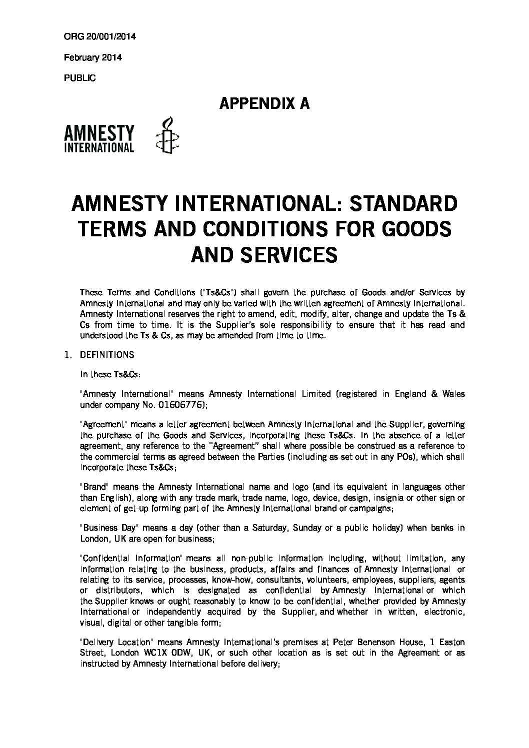 Amnesty International: Standard terms and conditions for goods and