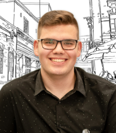 A photo portrait of Péter Török, an secondary school student who is working to fight bullying in schools, looking forward at the camera. There is an illustrated background, in black and white, of a city street behind him.